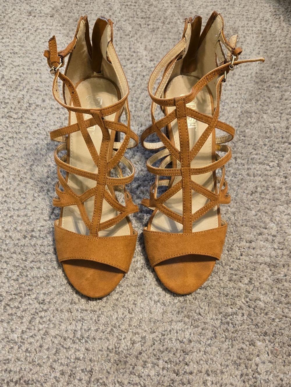 Brash Tan Strappy Suede High Heel Sandals